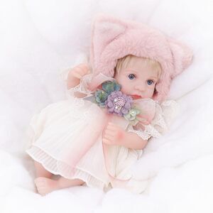 Realistic Reborn Baby Doll Girl 12 Inch Blonde Blue Eyes Pink Hat White Dress